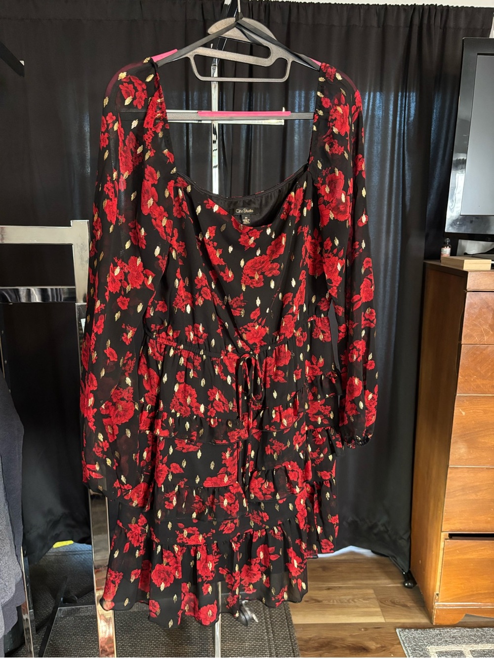 City Studio Black Dress with Red Floral Print and Tie-Waist